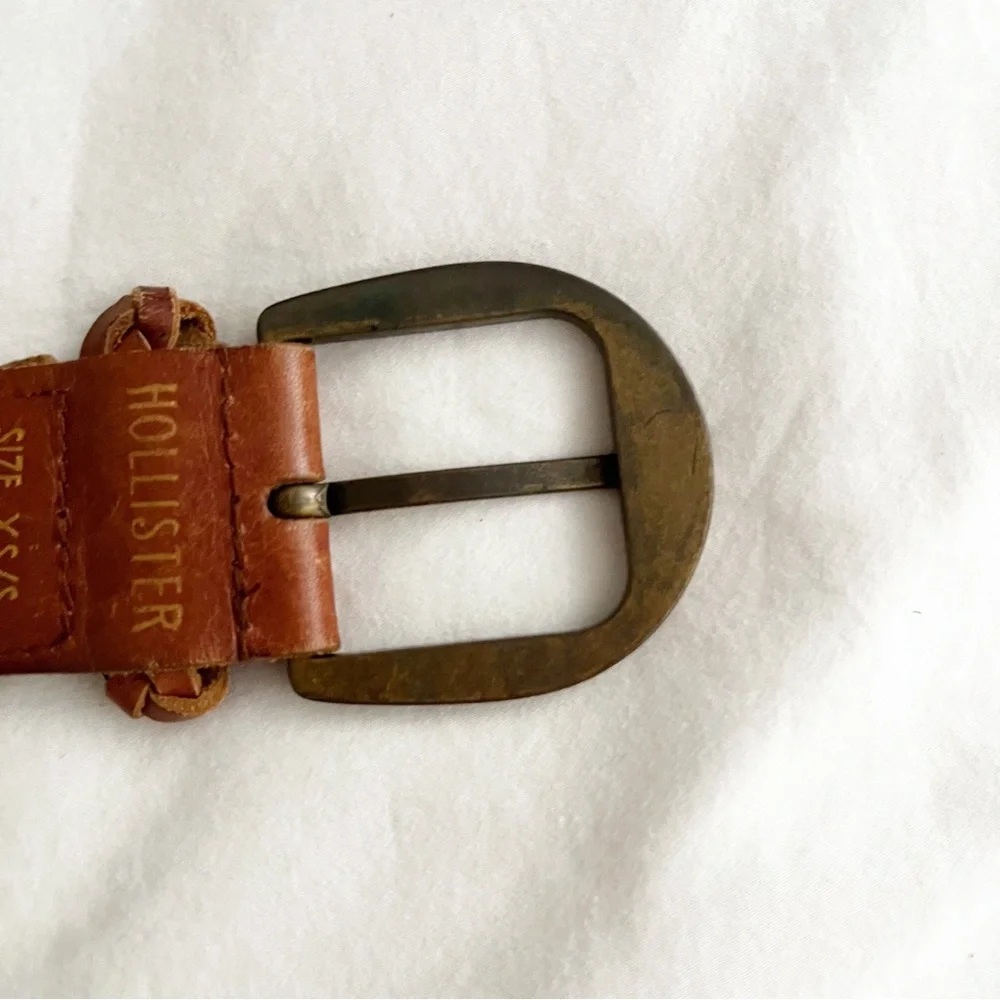 Hollister Woven Braided Leather Belt Women XS S Brown Brass Buckle Vintage